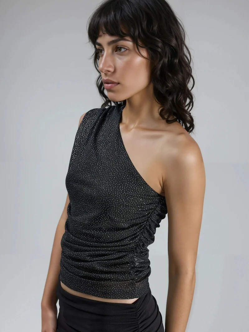بوسيم BUSEM Slim Fit Shiny Sleeveless Blouse with Asymmetrical Collar